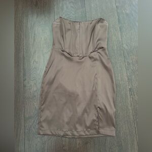 Brown satin corset mini dress with slit